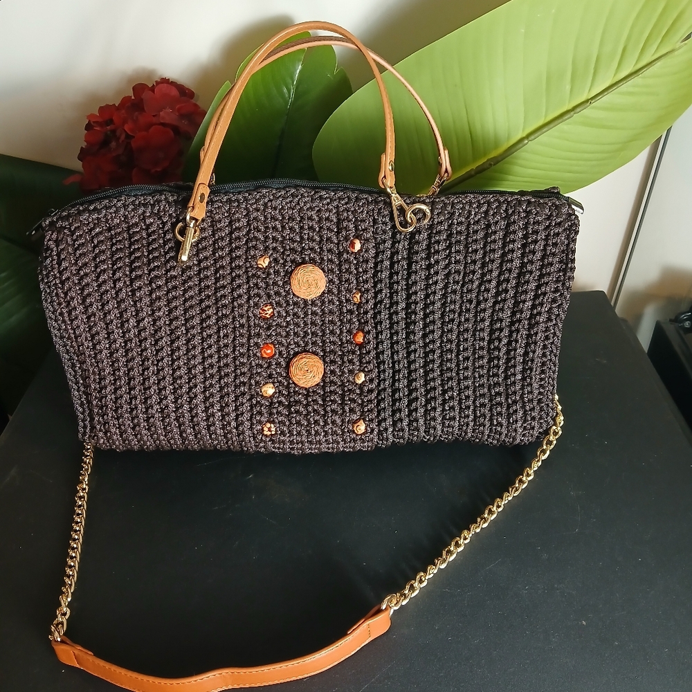 Elegant Black Knit Handbag with Tan Accents
